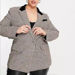 Missguided Plus Contrast Collar Check Brown Blazer - US 18